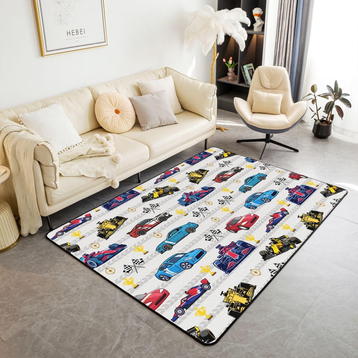 Tapis de salon, voiture de course, 150 x 200 cm, voiture de sport, chambre à coucher, pour garçons et filles, thème sports extrêmes, bleu, rouge, jaune, décoration d'intérieur