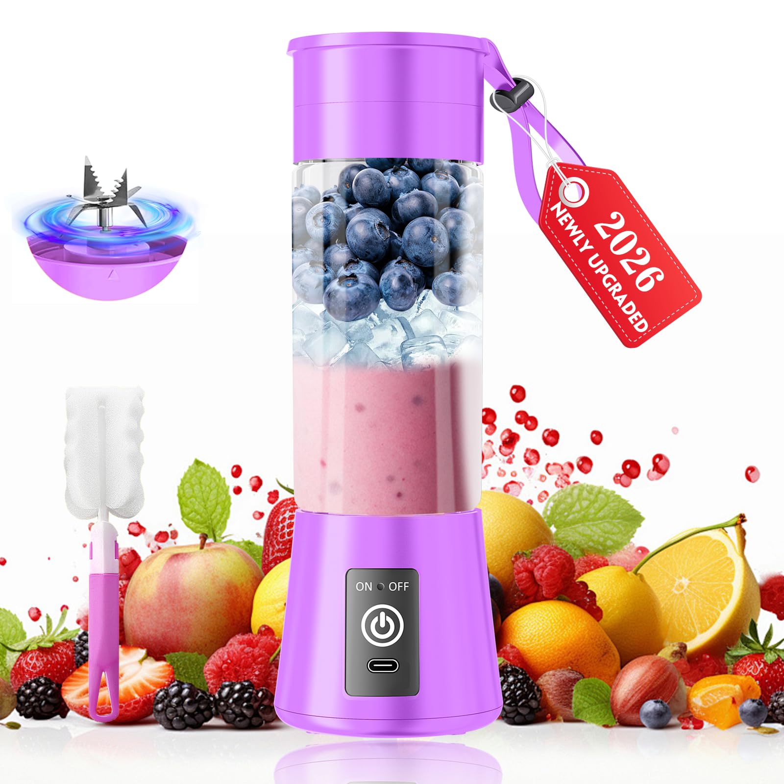 Frullatore portatile senza fili per frullati e frullati, mini frullatore ricaricabile da 368,5 g con 6 lame in acciaio inossidabile, velocità 20000 giri/min, comodo succo spremuto in picnic/sport