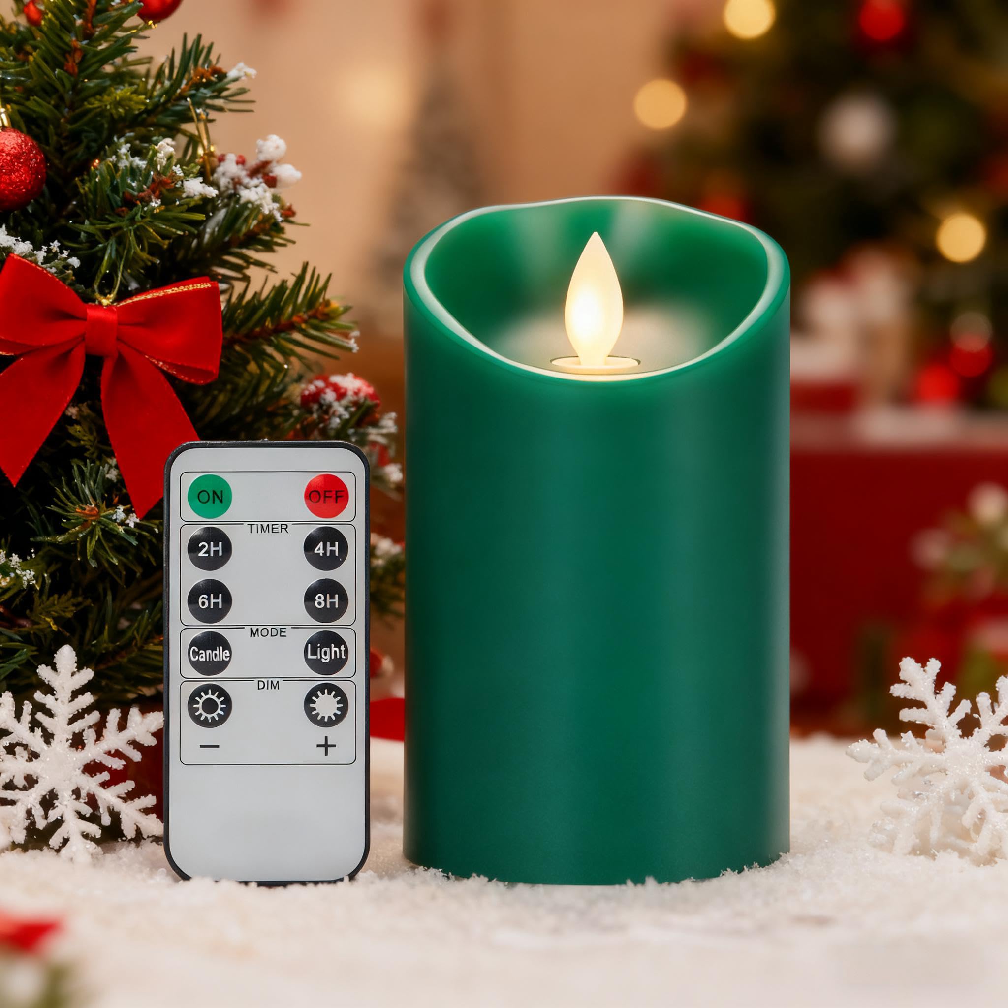 Koelaa Green Flameless Candles, Battery Candle with Remote, Christmas Decoration Candle, Flickering Realistic LED Candles with 24 Hour Timer for Festivals Decoration-7.5cm*15cm — image 1