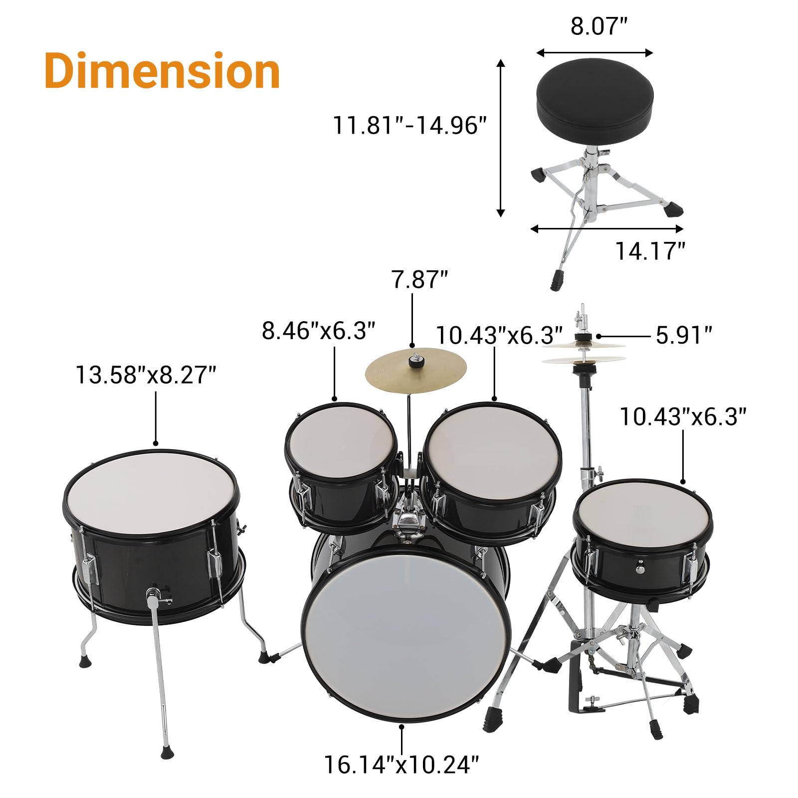 5-Teiliges Kinder-Schlagzeug, e-Drums Set, Junior-Schlagzeugset Mit Bassdrum, Snare, 2 Toms, Becken, Hi-Hat, Hocker, Trommelstöcken Und Pedalen, Musikalisches Geschenk Für Anfänger Ab 4 Jahren