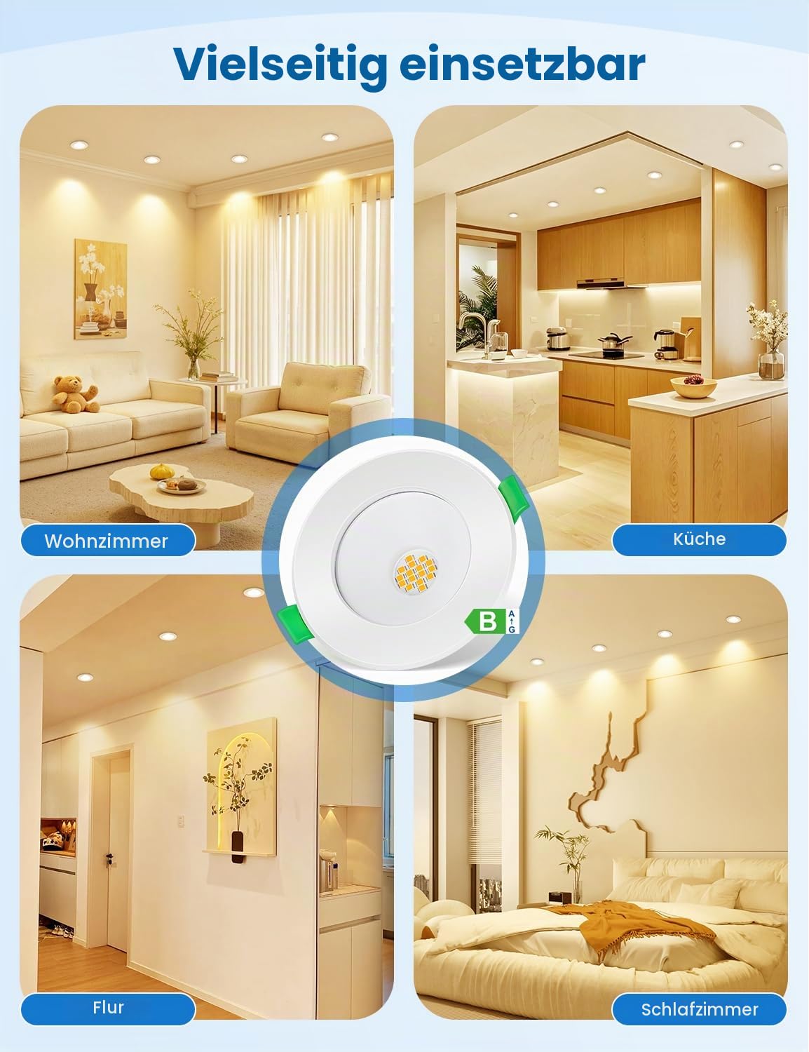 LED Einbaustrahler 230V Energieklasse B, 5W 800LM Warmweiß LED Spots | 68-80mm Lochmaß Spots Deckenleuchte, Ultra Flach IP44 Deckenspots für Badezimmer, Küche Wohnzimmer, Nicht Dimmbar, 12 Stück