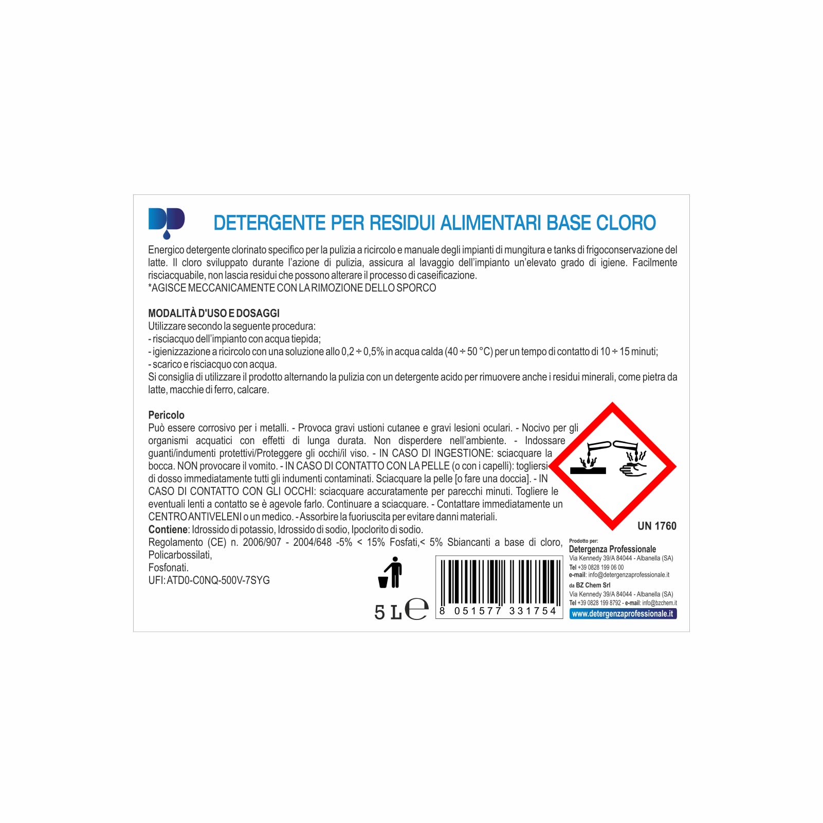 DETERGENTE per RESIDUI Alimentari Base Cloro CHLOR San CONCENTRATO - pz. 1 da 5 L