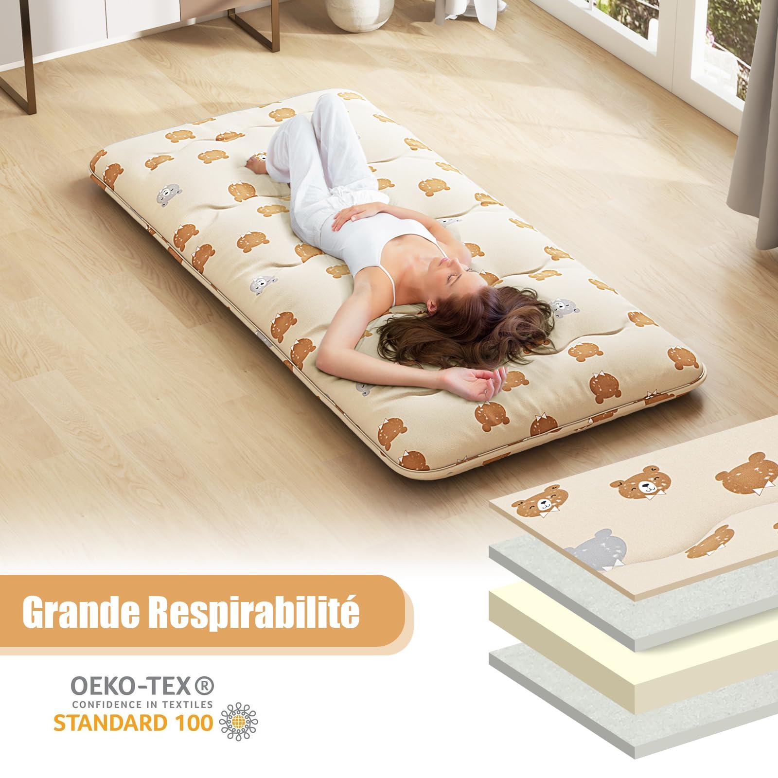 GIANTEX Matelas Futon Japonais Portable 90 x 200 cm, Rembourrage en Coton, Matelas de Sol Pliable pour 1 Personnes, Sac de Transport, Housse Lavable, 2 Bandages, Tatami Pliable pour Voyage, Camping
