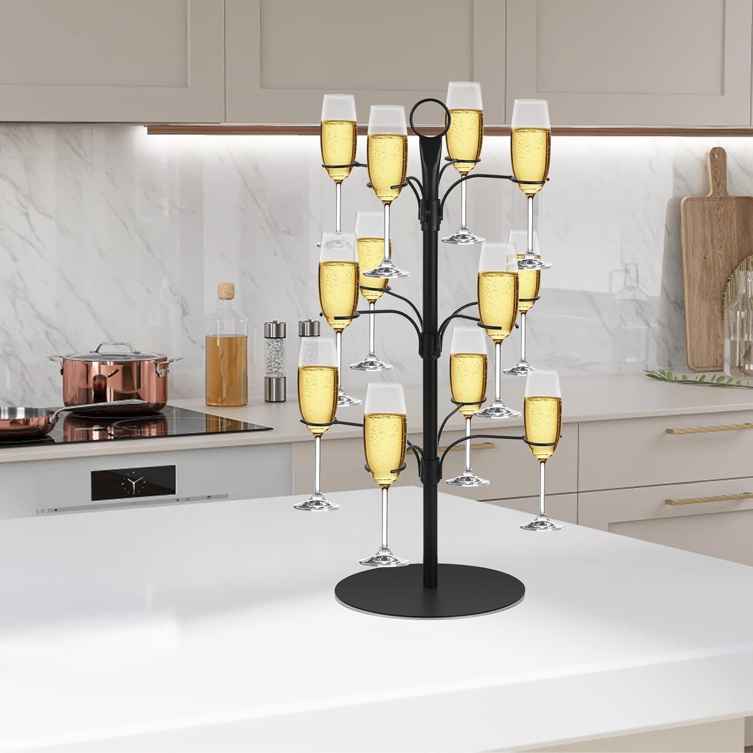 Cocktail Tree Stand for Drinks Champagne Tower Wine Glasses Holder, 3 Tier 12 Holders, Bar Home Drinks Tree Display Suitable for Gin, Cocktails, Champagne, Wine, Black