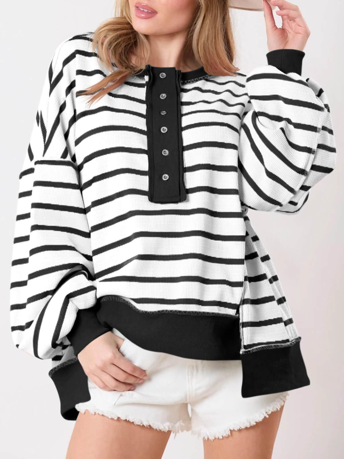 Sudaderas de gran tamaño para mujer, a rayas, estilo Henley, con bloques de color, informal, de punto gofre — view 2