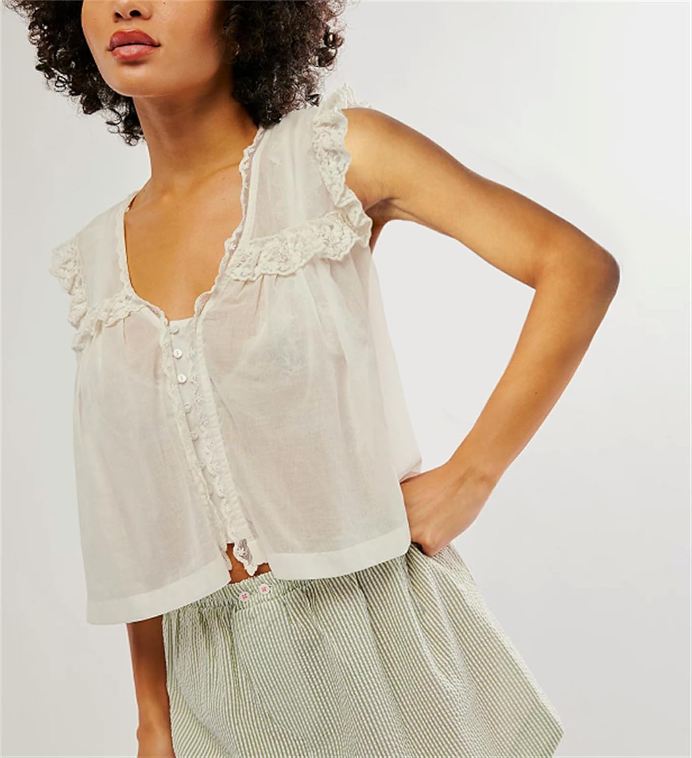 Women Lace Trim Vest Tank Top Sleeveless Button Down Cardigan Crop Tops Cute Summer Cami Shirt Y2k Going Out Tops - Image 2