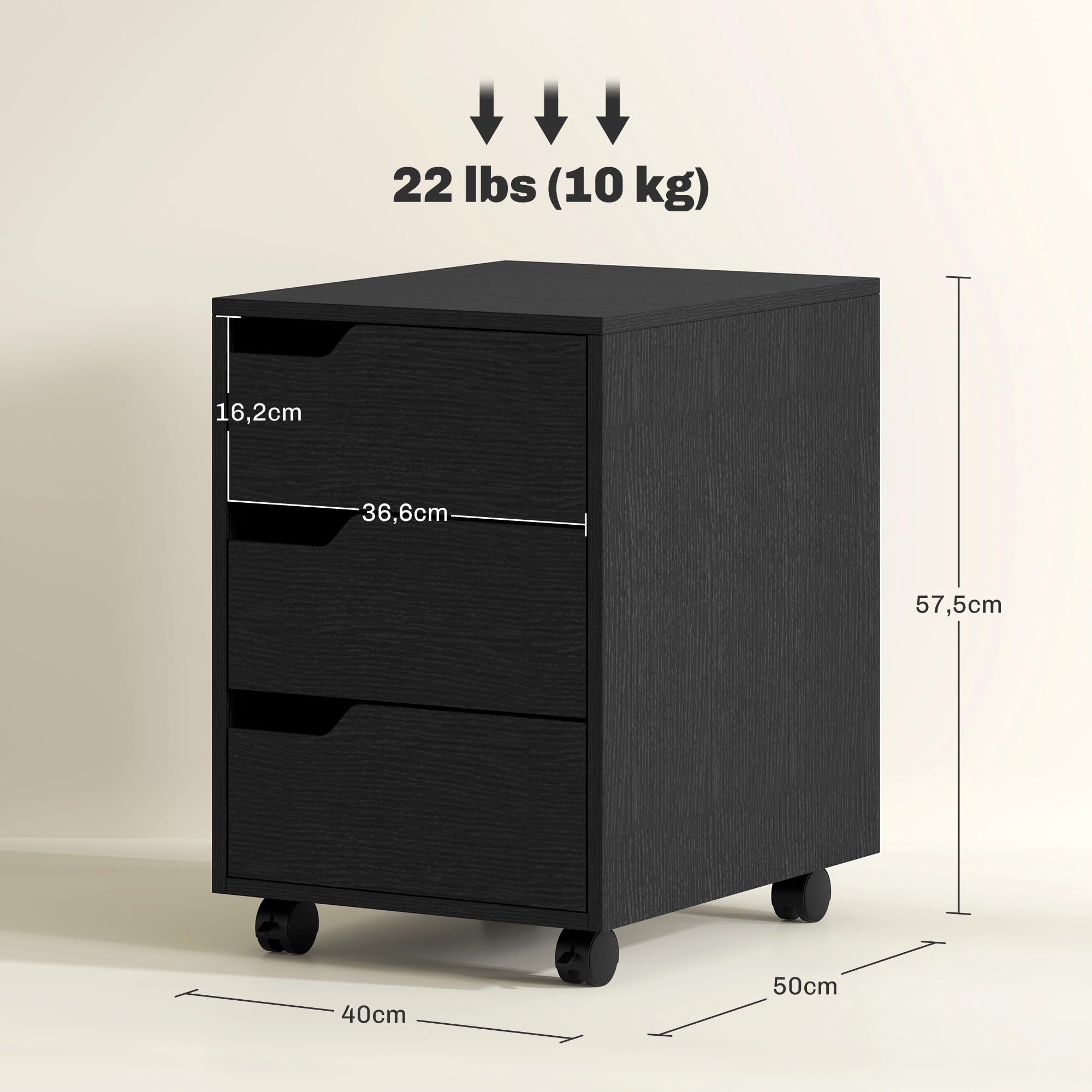 HOMCOM Cassettiera da scrivania mobile con 3 cassetti, mobile da scrivania su ruote, per documenti e stampante, scatola compatta per lavoro o camera da letto, 40 x 50 x 57,5 cm, nero