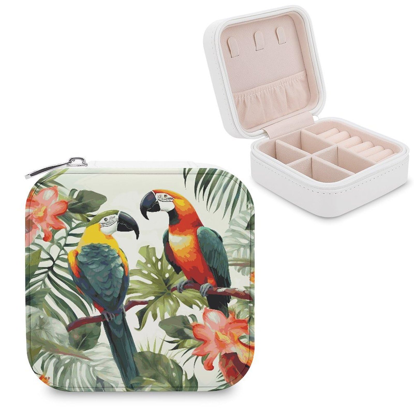 JTREHY Travel Toucans Parrot Palm Tree Leaves Jewelry Case Portable Display Storage Box PU Leather Mini Jewelry Travel Case Personalized Travel Jewelry Organizer Small Jewelry Box for Women