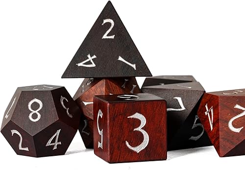 Miniatura 8 de Dados DND de madera, juego de 7 dados poliédricos con caja de hierro, dados RPG D&D hechos con madera para juegos de rol MTG Dungeons and Dragons