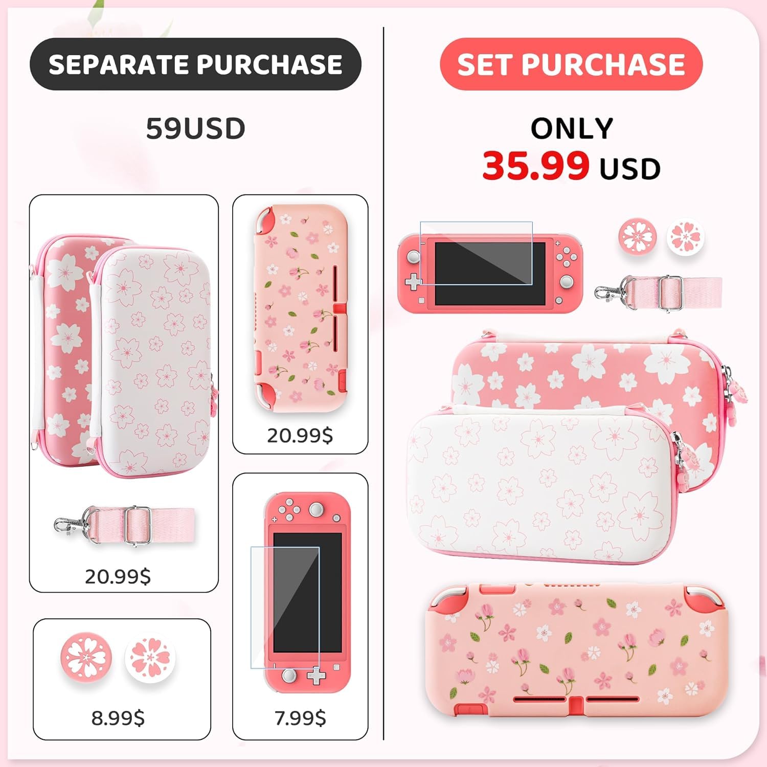 RHOTALL Funda de transporte con diseño de flor de cerezo rosa y blanco para Nintendo Switch Lite, funda de almacenamiento potable para accesorios Switch con funda protectora, protector de pantalla,