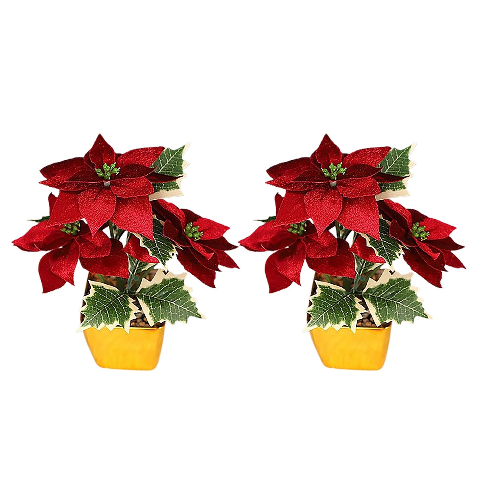 JYCRA 2 Pcs Silk Poinsettia Plant Christmas Decorations, Christmas Glitter Poinsettia Flowers Potted Plant,Faux Poinsettia Flowers in Pot with Lights for Outdoor Use (A)