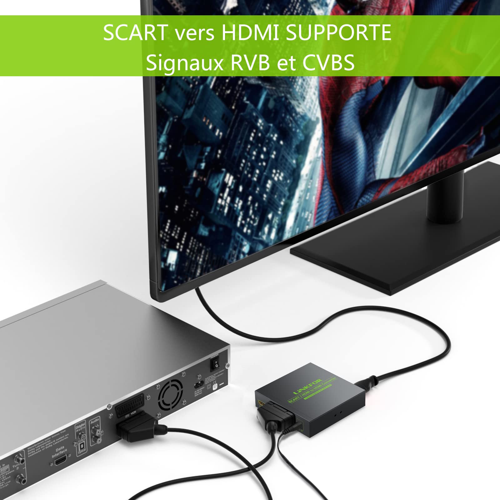 LiNKFOR Convertisseur SCART+HDMI vers HDMI 1080P Support RGB Sortie Audio Optique Toslink et 3.5mm Boîtier Métallique Alimentation et Câble SCART 1.5m Inclus pour PS3 DVD