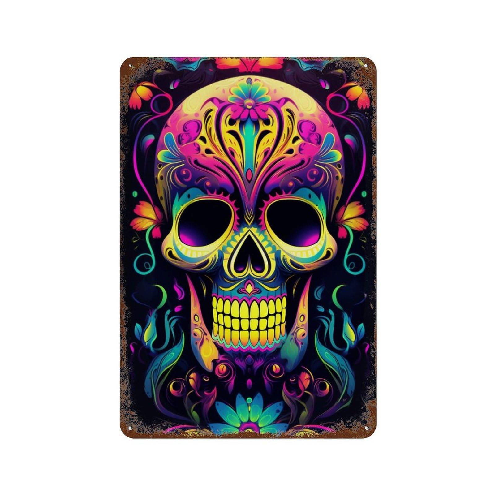 Colorful Sugar Skull Artwork-1 Rustic Tin Plaque 11.8"x7.9", Novelty Wall Decor for Garage, Pub Or Kitchen