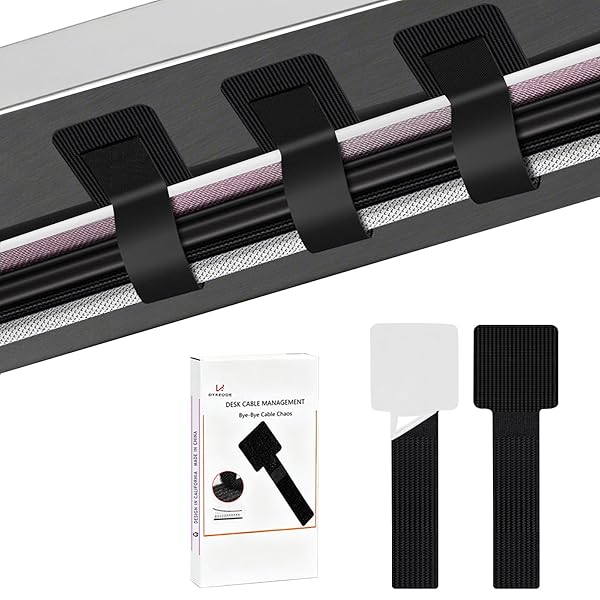 Desk Cable Management, Wire Organizers for Cords - Upgrade 48 PCS Black Sticky Back Self Adhesive Cable Ties, Hook and Loop Straps for Home or Office Use
