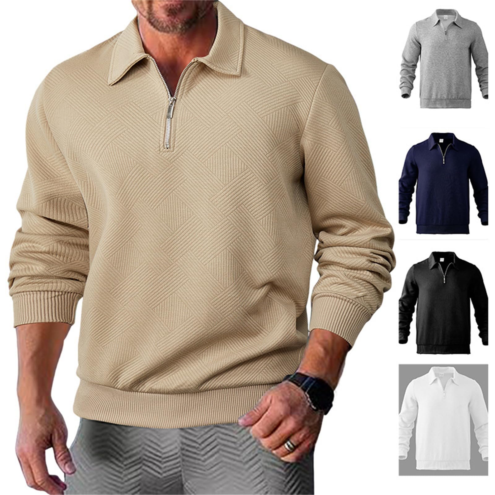 Pullover da uomo con cerniera a un quarto maglia a maniche lunghe casual | Tessuto testurizzato, colletto polo e cerniera a quarto, elegante casual per l'uso quotidiano e attività all'aperto