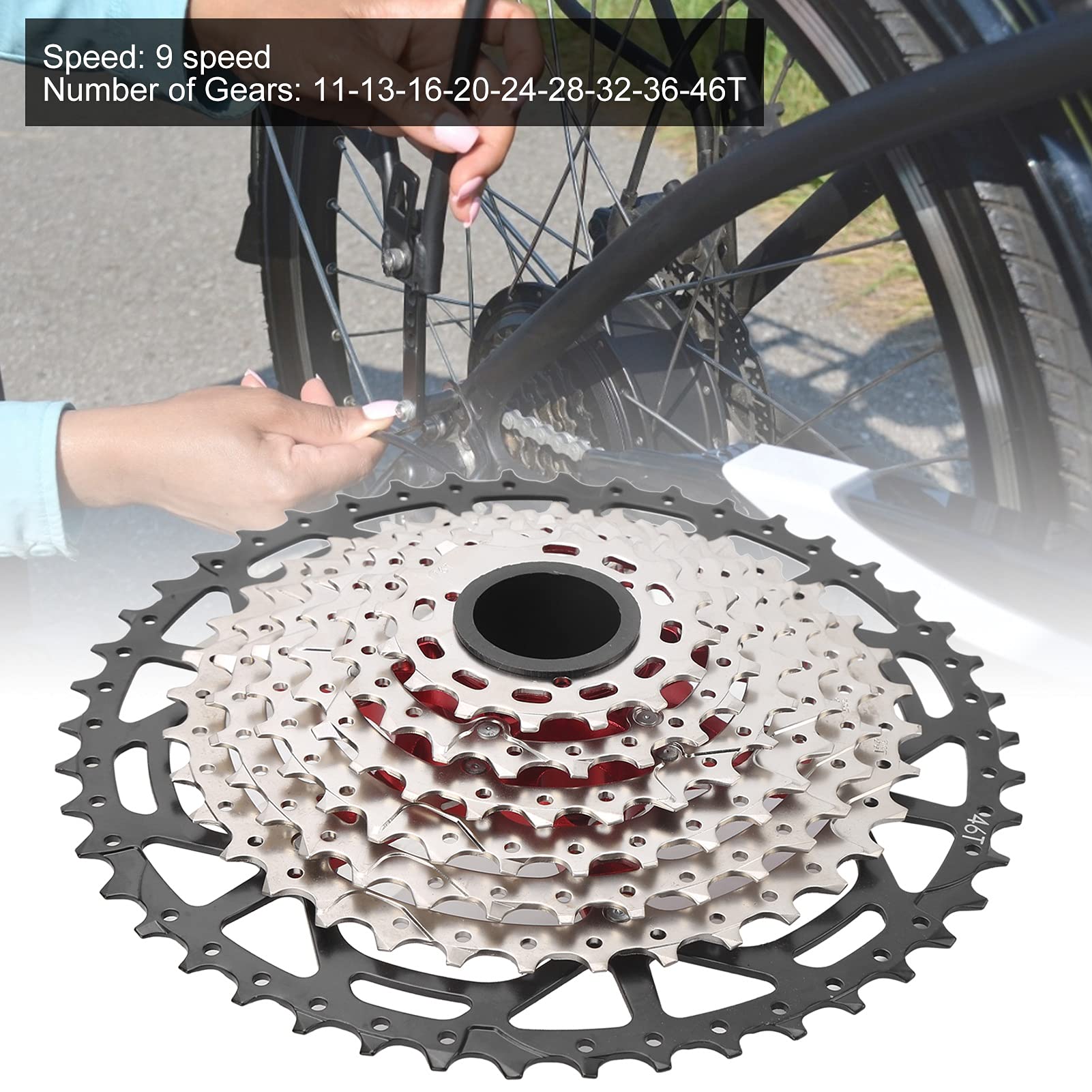 equlup 9 Speed Bike Cassette Sprocket for Mountain Bike 11?46T Lightweight Aluminum Bicycle Bracket Cassette Road Bicycle Flywheel Accessories