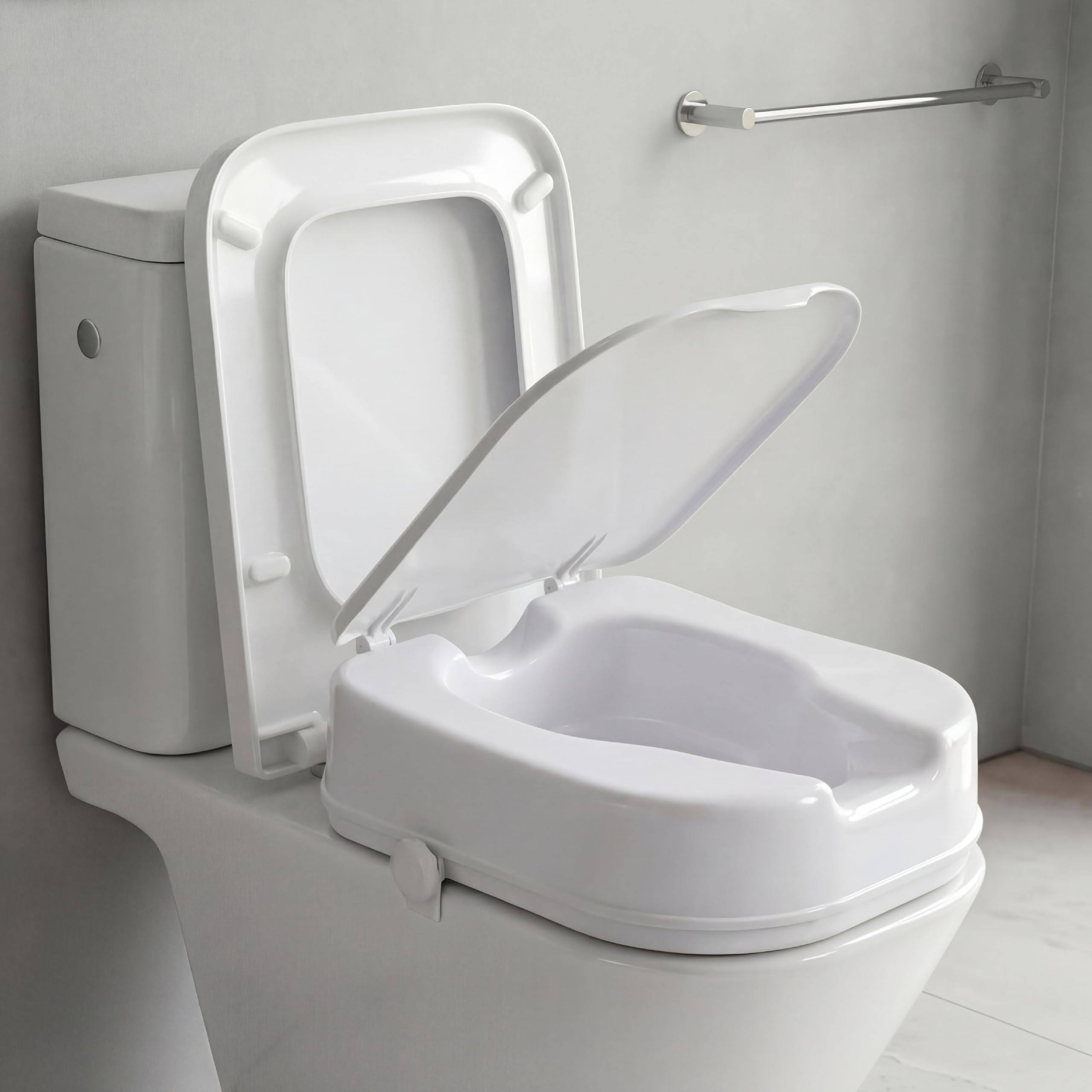 PEPE Mobility Rialzo WC per Anziani Quadrato con Coperchio (10 cm), Alzawater per Protesi Anca, Quadrata, Disabili, Bianco, Brevettato