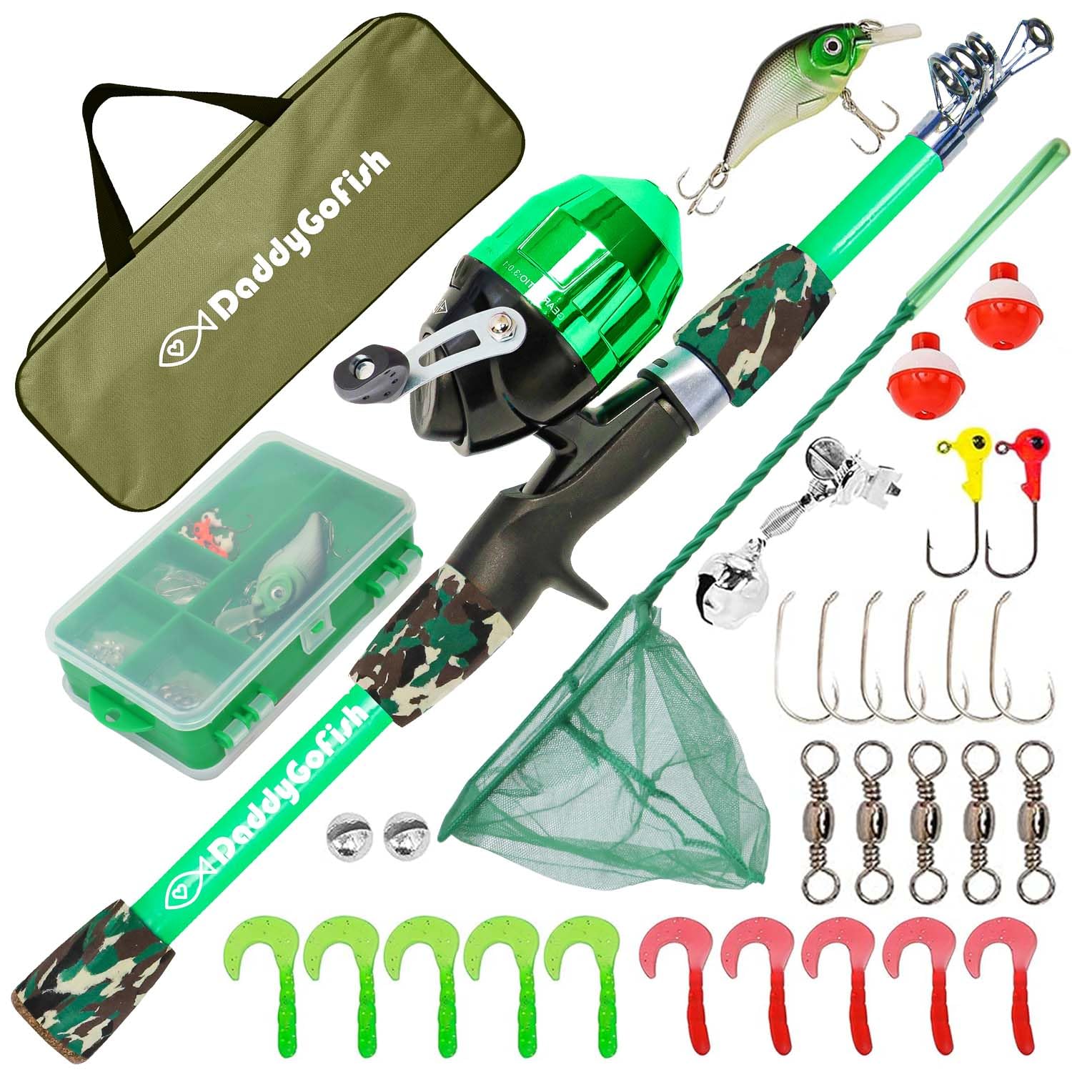 DaddyGoFish Kids Fishing Pole - Rod Reel Combo Tackle Box Starter Set - First Year Small Gear Kit for Boys Girls Toddler Youth Age Beginner Little Children (Essential Set, Green, 5ft)