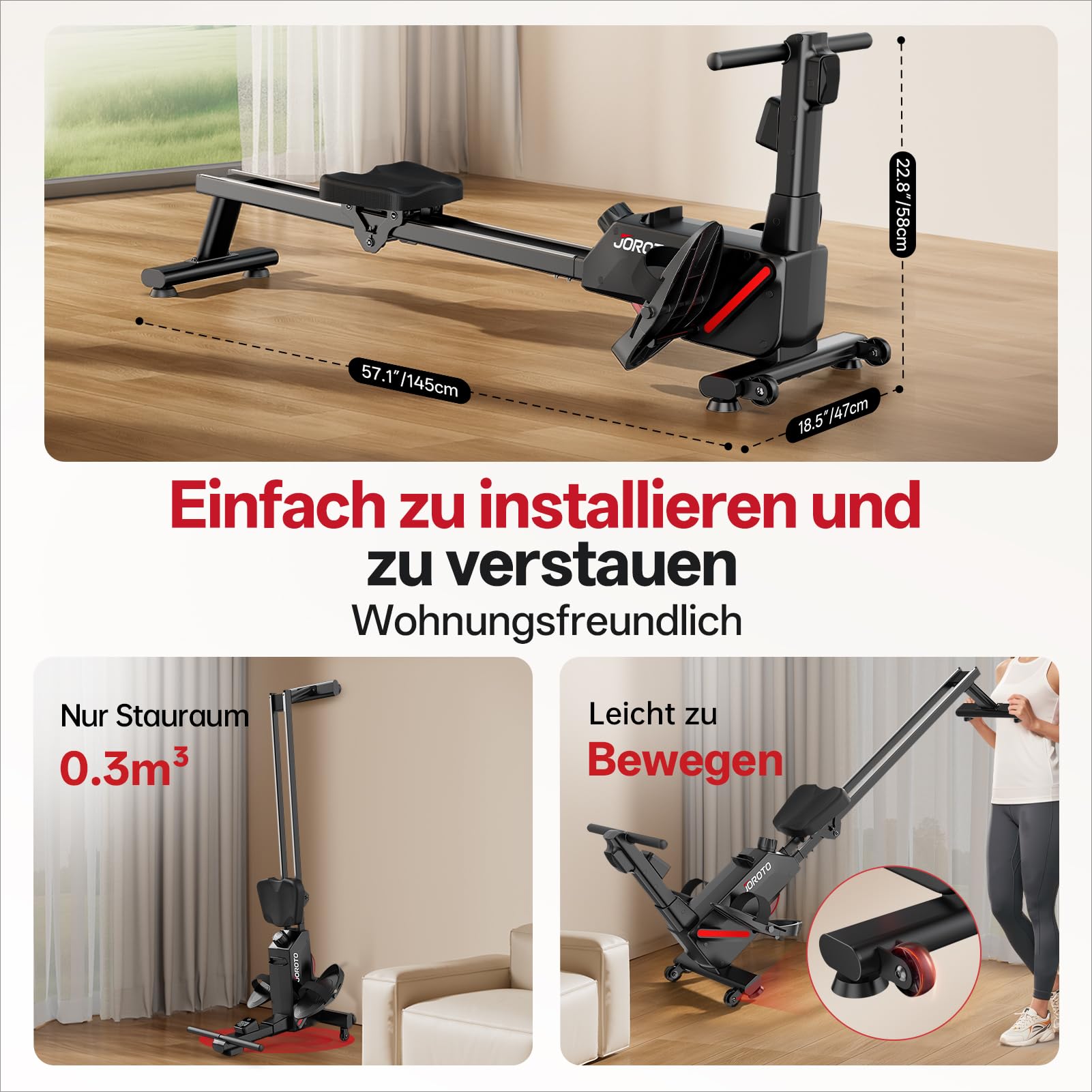 JOROTO Rudergerät für Zuhause, 16 Magnetwiderstand, Ultra-leises Magnetisches Rudergerät mit Kinomap App, Doppelschienen für Stabilität & Komfort, Platzsparend & Einfacher Aufbau – Heimfitness