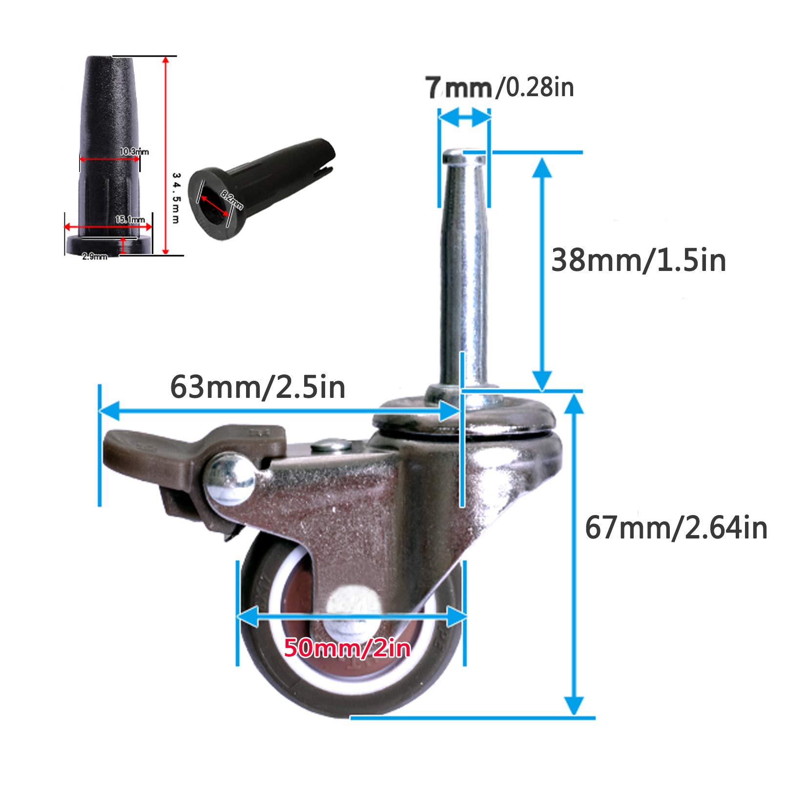 4X roulettes pour Lit d'enfant,roulettes Pivotantes en Caoutchouc avec Frein,Roue de Meuble 1,5/2 Po,Accessoires de Berceau Bébé,avec Tige à Insérer M7/M7.4/M8,Charge 80kg(M750mm)