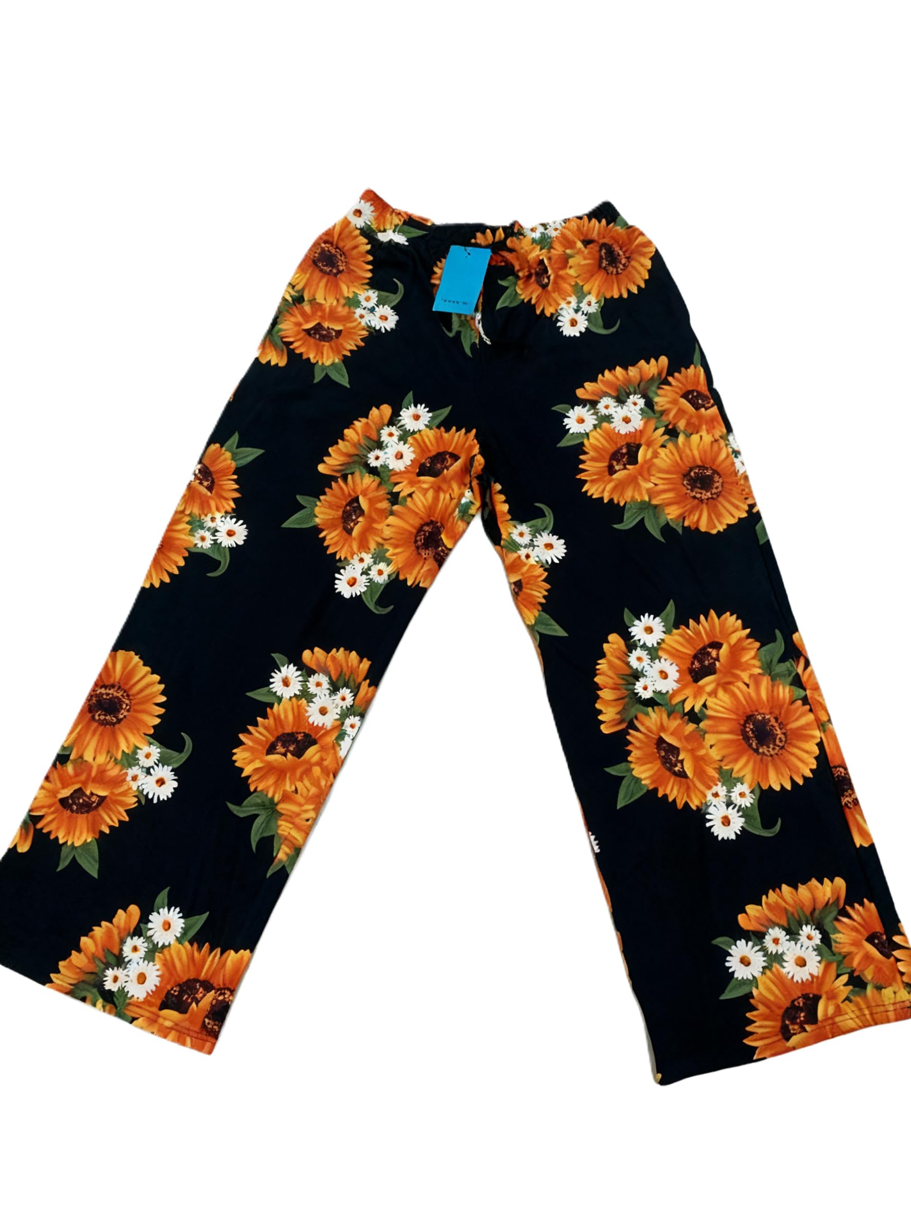 Axentina Womens Floral Print Pants Black with Sunflower and Daisy Pattern Casual Wide Leg Style