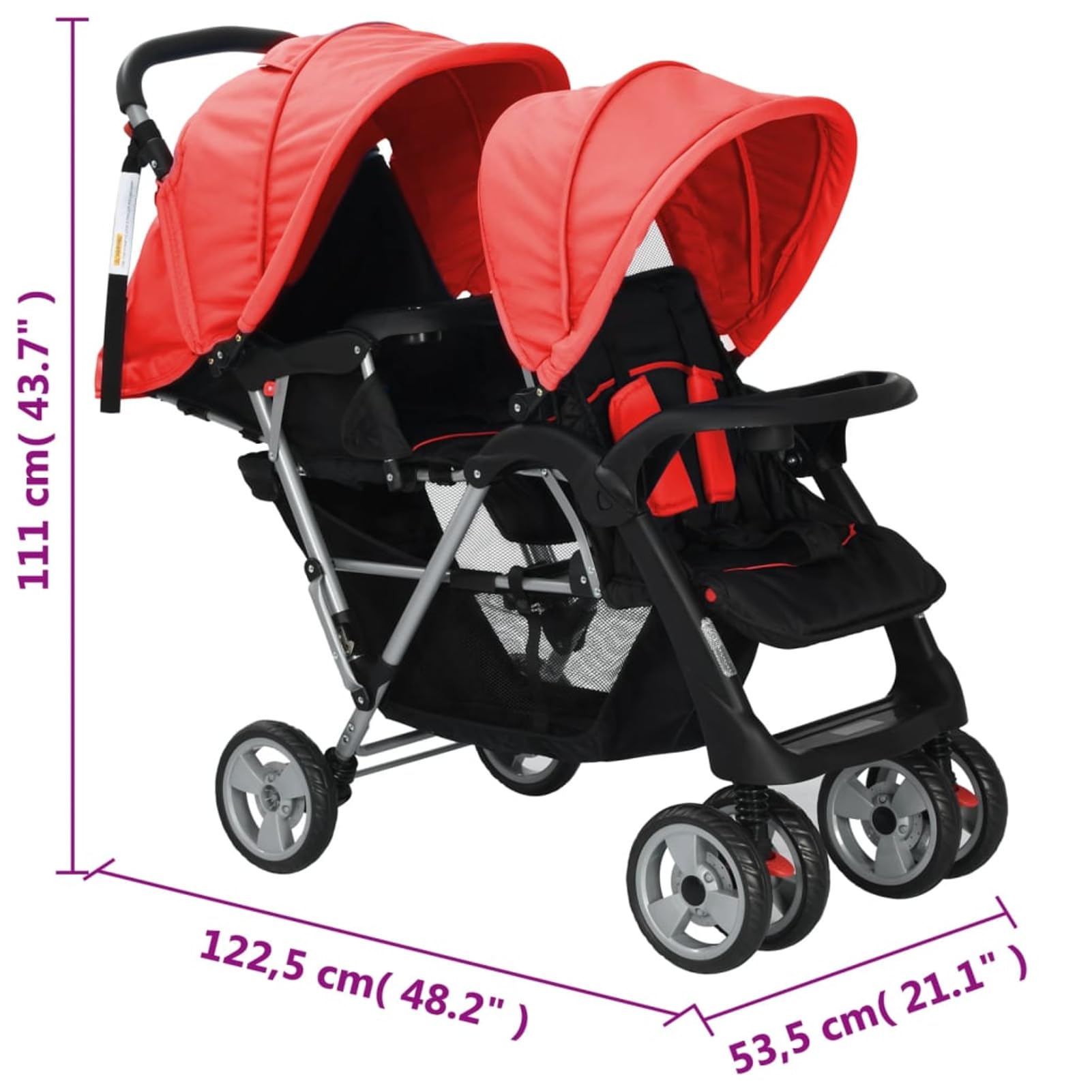 Passeggino Gemellare a Tandem in Acciaio Rosso e Nero,Bebè e Bimbi,Trasporto Bebè,Passeggini(SPU:10111)