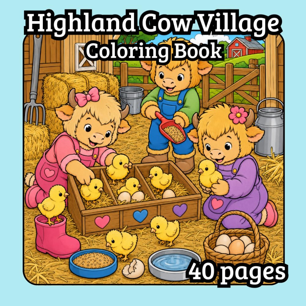 Highland Cow Village Coloring Book: Charming Highland Cows, Cozy Scenes, and Country Adventures