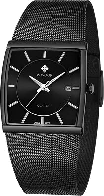 MASTOP Mens Elite Ultra Thin Stainless Steel Analog Quartz Watch Square Luminous Mesh Wristwatch with Date