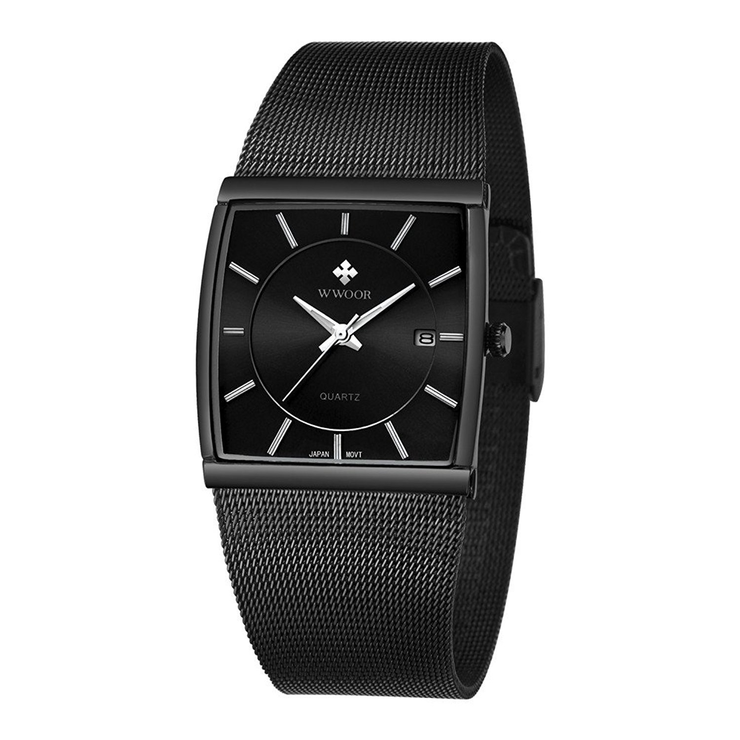 MASTOPMen's Elite Ultra Thin Stainless Steel Analog Quartz Watch Square Luminous Mesh Wristwatch with Date