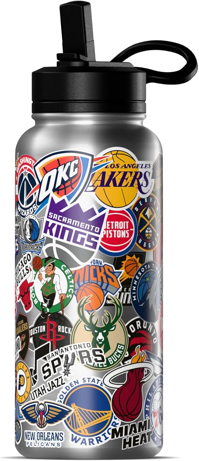 Hydrapeak x NBA Officially Licensed All Team Sticker Print 32 oz Insulated Water Bottle with Straw Lid and Handle (NBA Current, 32 Ounces)