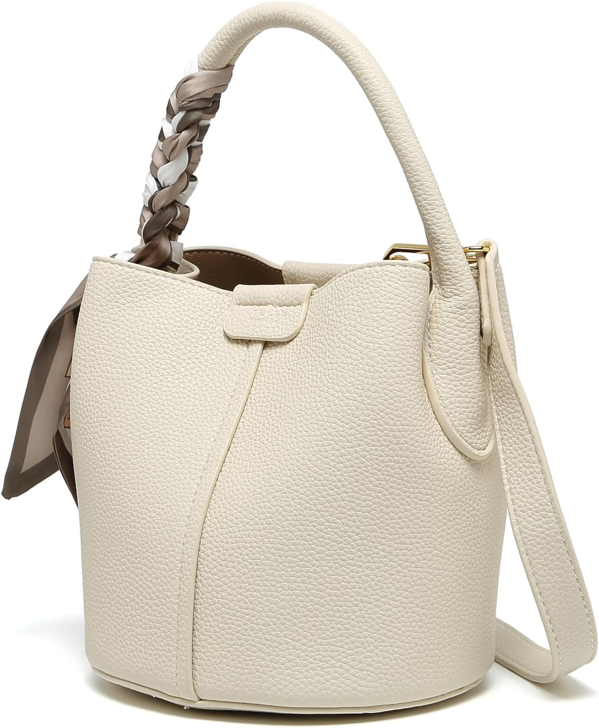 Women's small crossbody bag made of synthetic leather, mini bucket style shoulder bag with scarf, detachable shoulder strap - Image 8