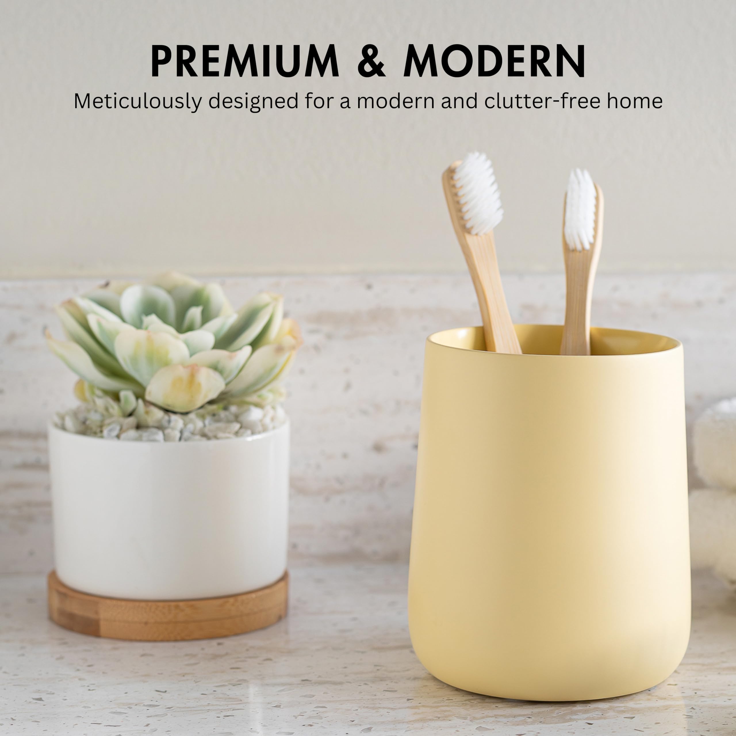 Yew Design Matte Yellow Cream Toothbrush and Toothpaste Holder and Cup for Bathroom Vanity and Countertop Round Organizer for Electric Toothbrushes Floss - Image 2