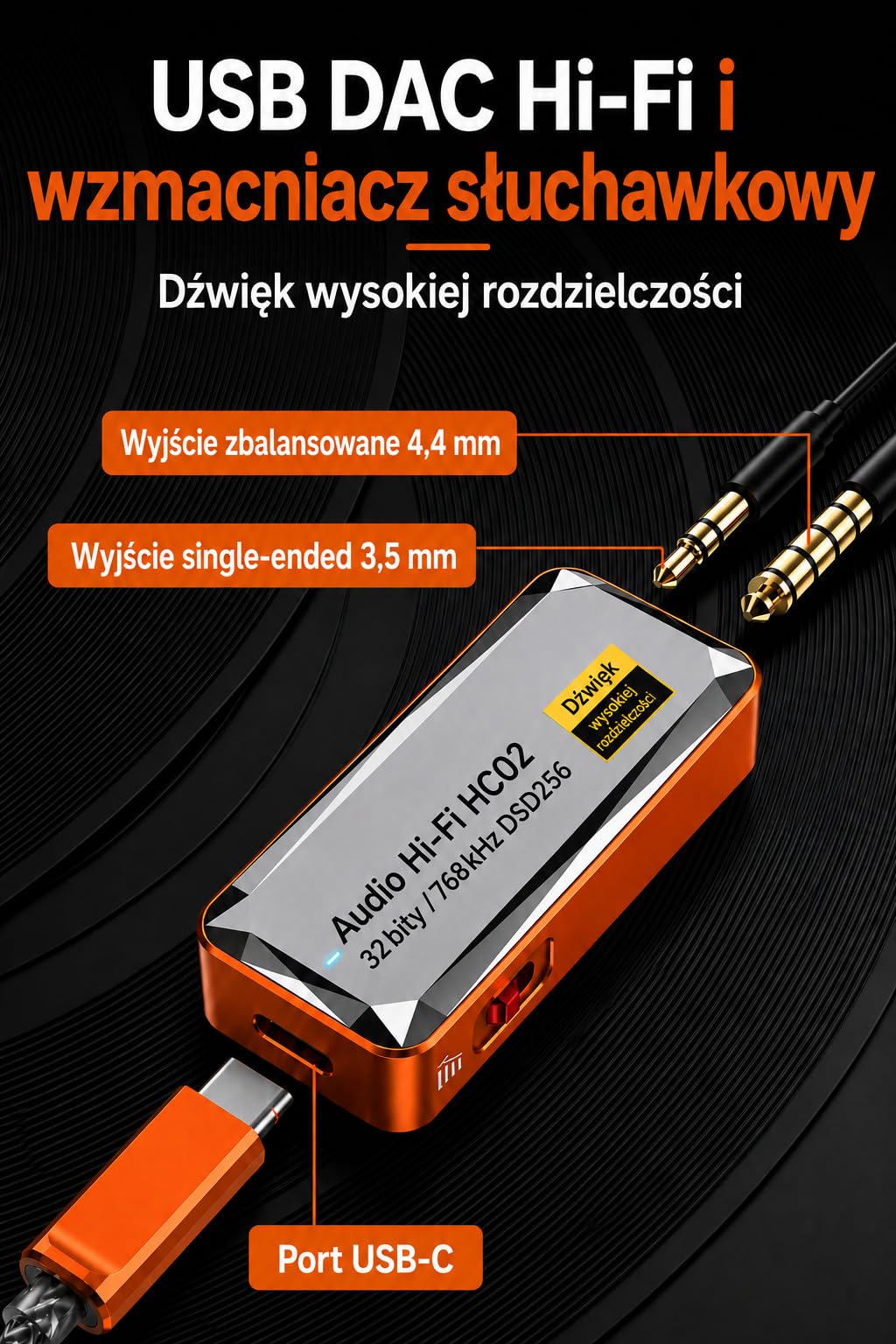 USB C DAC wzmacniacz słuchawkowy, CS43198 HiFi dongle DAC z wyjściem 3,5 mm i 4,4 mm, przenośny DAC AMP, DSD256 32bit/768kHz do IEM, słuchawek, laptopa i PC,pomarańczowy | USB C DAC z CS43198, Hi-Res, 3,5 mm i 4,4 mm