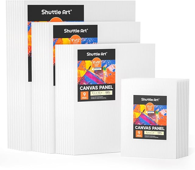 Shuttle Art Painting Canvas Panel, 36 Multi Pack, 5x7, 8x10, 9x12, 11x14 inch (9 PCS of Each), 100% Cotton Art Canvas Board Primed White, Blank Canvas for Kids Adults for Acrylic Oil Painting