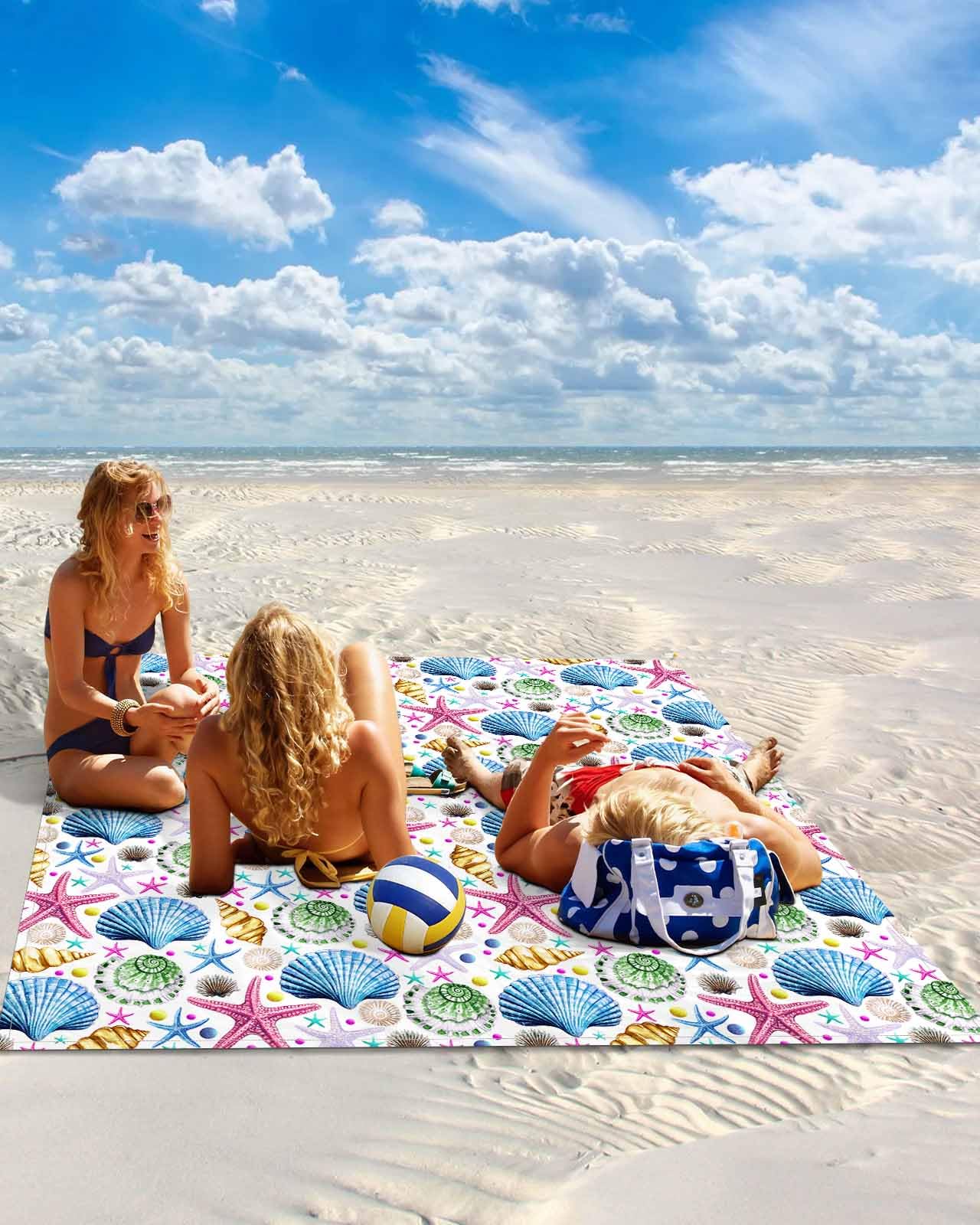Ocean Blue Shell Beach Blanket Large with Stakes Waterproof Sandproof,Multi Coastal Starfish Sea Conch Foldable Beach Mat with Corner Pockets for Outdoor Travel Camping Hiking Picnic 83