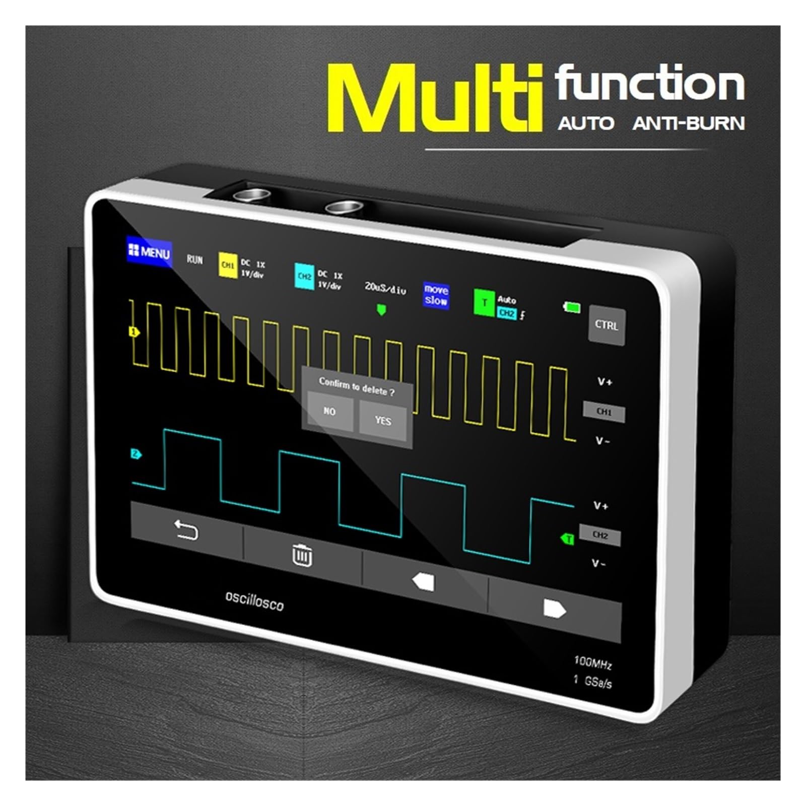 Osciloscopio digital, Osciloscopio de tableta digital Canal dual 100MHz Ancho de banda analógico 1GSa Tasa de muestreo Multímetro de forma de onda Auti-burn para la industria de mantenimiento y educac