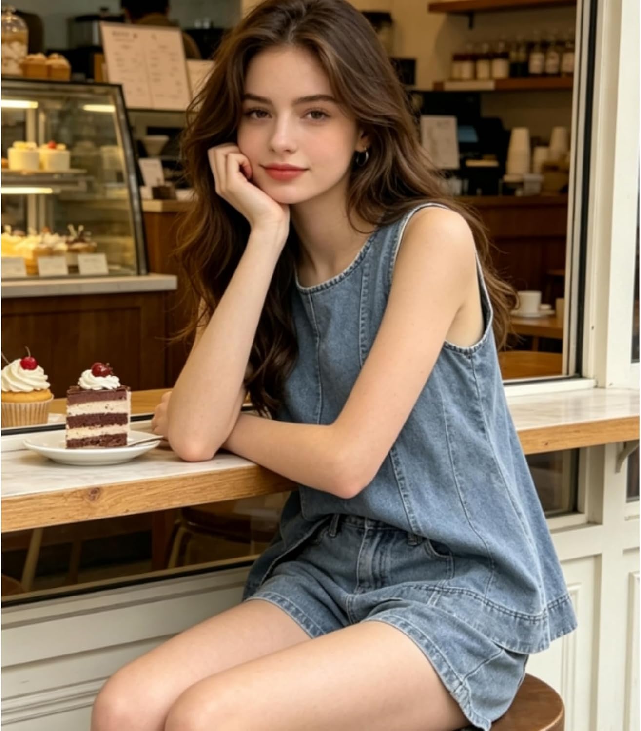 Women's Denim Two Piece Outfit Set Sleeveless Flared Tank Top And High Waisted Shorts Two Piece Outfit Jean Set