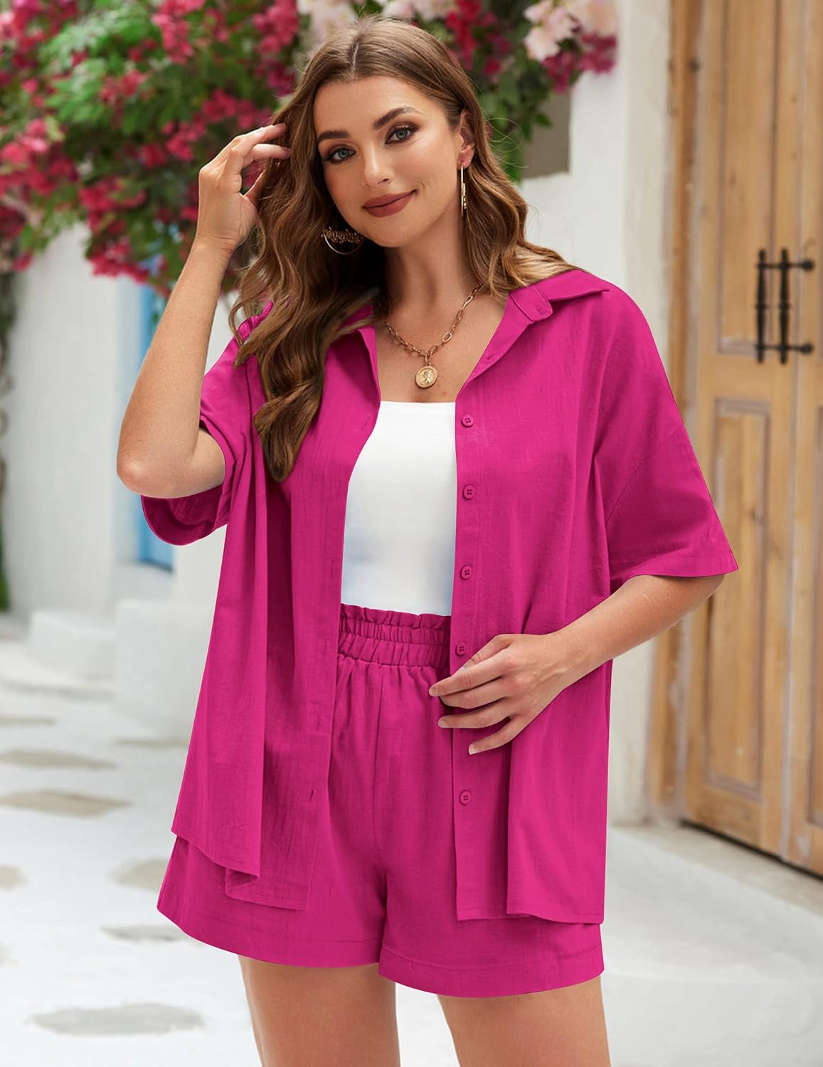 IN'VOLAND Women's Plus Size 2 Piece Tracksuit Outfits Sets Cotton Linen Sets Short Sleeve Shirt Summer Casual Shorts Set