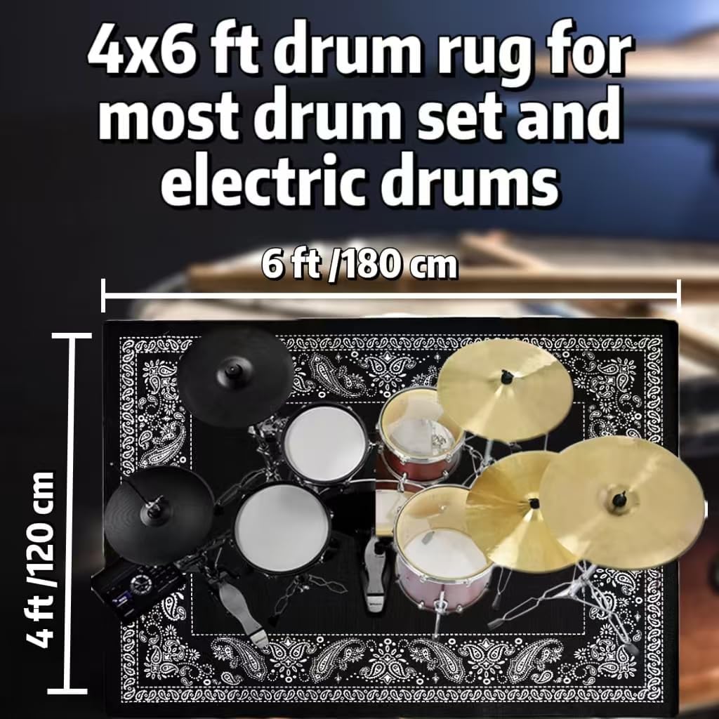Aucuda Paisley Drum Rug 4x6ft Drum Mat Outdoor, Tightly Woven Fabric Cool Drum Set Carpet with Non-Slip Grip Bottom, Electric Drum Accessories for Studio, Apartment, Soundproof, Guitar, No Crease. thumbnail