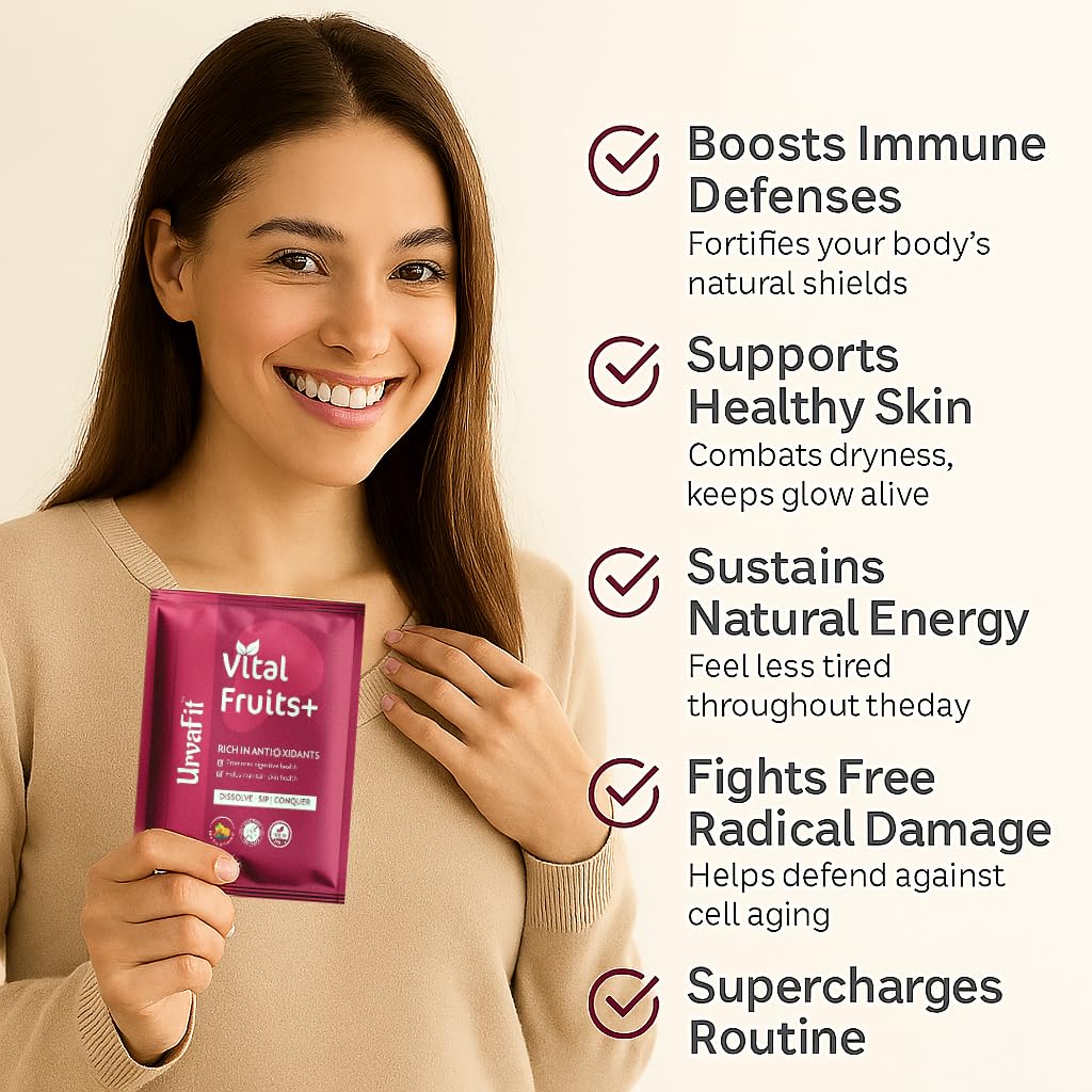 Urvafit important fruit+ | Skin glow, healthy aging and antioxidant support | Detox drink suited to intestine | Clinical 5: 1 fruit extract (pomegranate, apple, orange). 25 Vegetarian No-Sugar Pouch (5 grams) Urvafit important fruit+ | Skin glow, healthy aging and antioxidant support | Detox drink suited to intestine | Clinical 5: 1 fruit extract (pomegranate, apple, orange). 25 Vegetarian No-Sugar Pouch (5 grams)