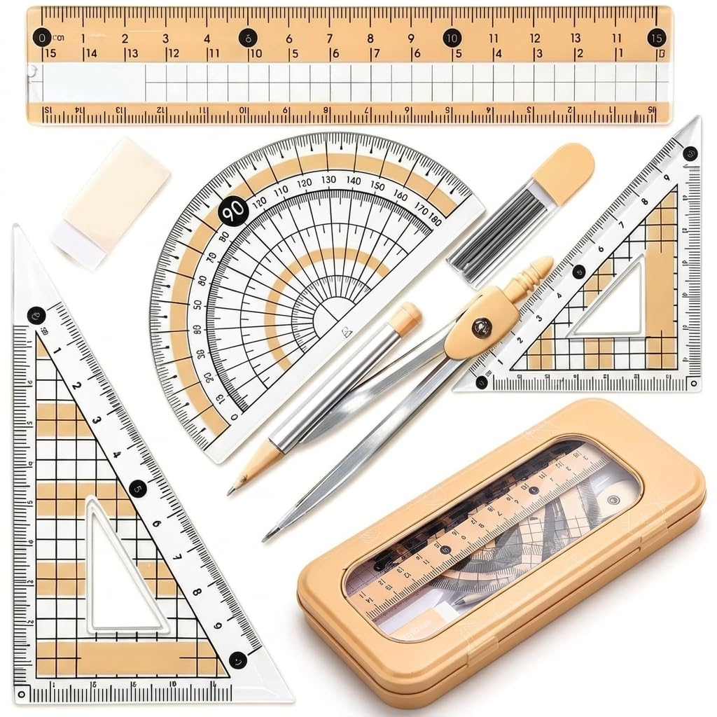 Protractor and Compass Set,Geometry Sets,Maths Stationary Kit for Secondary School,High School Essentials Stationery,Math Drawing Equipment Box Supplies,Orange Compasses Setgeometry Ruler for Girls
