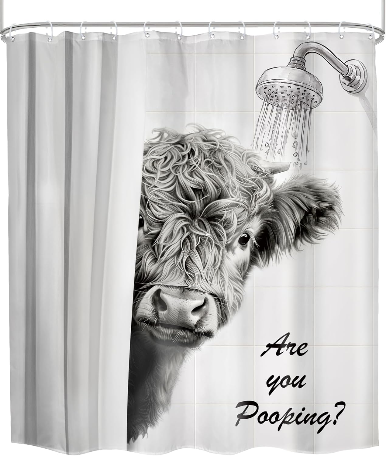 Funny Cow Shower Curtain 60Wx72H Western Highland Cow Black White Farmhouse Farm Animal Bull Cattle Cute Fun Rustic Bathroom Decor Hilarious Bath Curtain Fabric Polyester 12 Pack Hooks