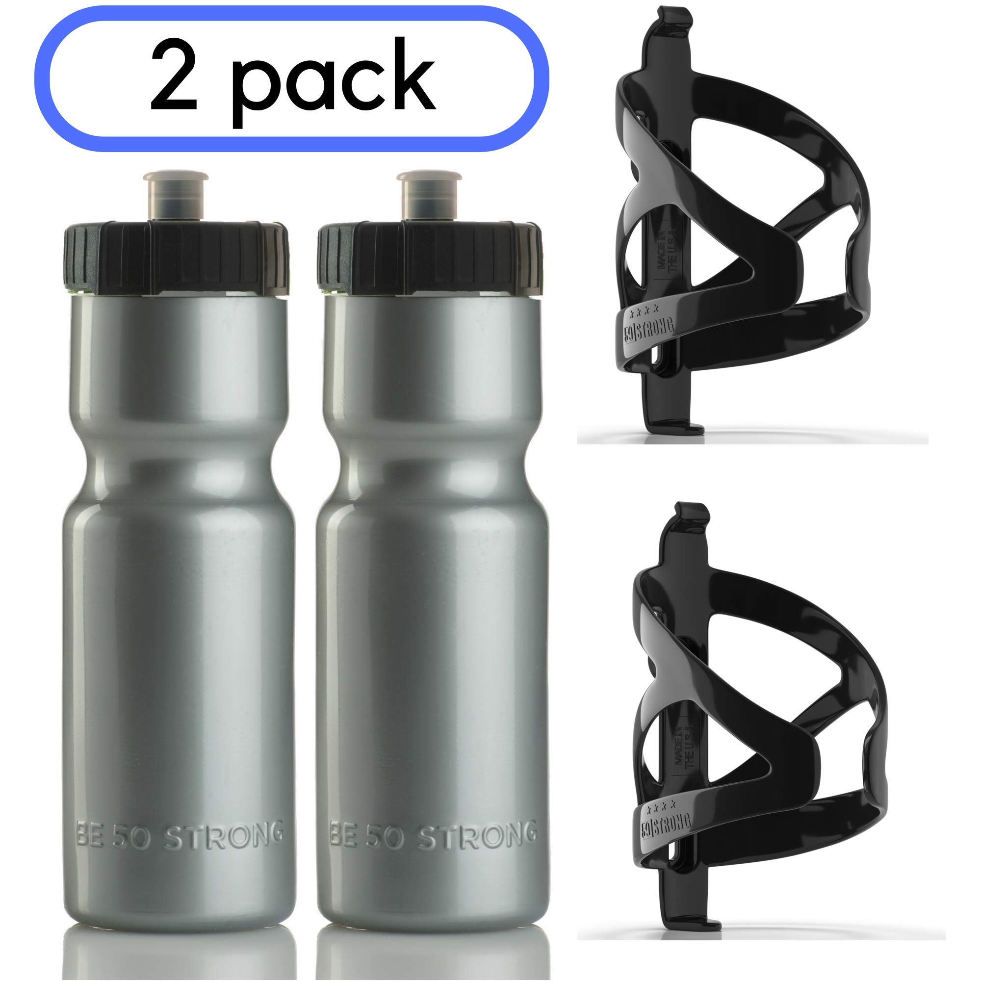 50 Strong Bike Bottle Holder with Water Bottle - 2 Pack - 22 oz. BPA Free Bicycle Squeeze Bottle and Durable Plastic Holder Cage- Made in USA