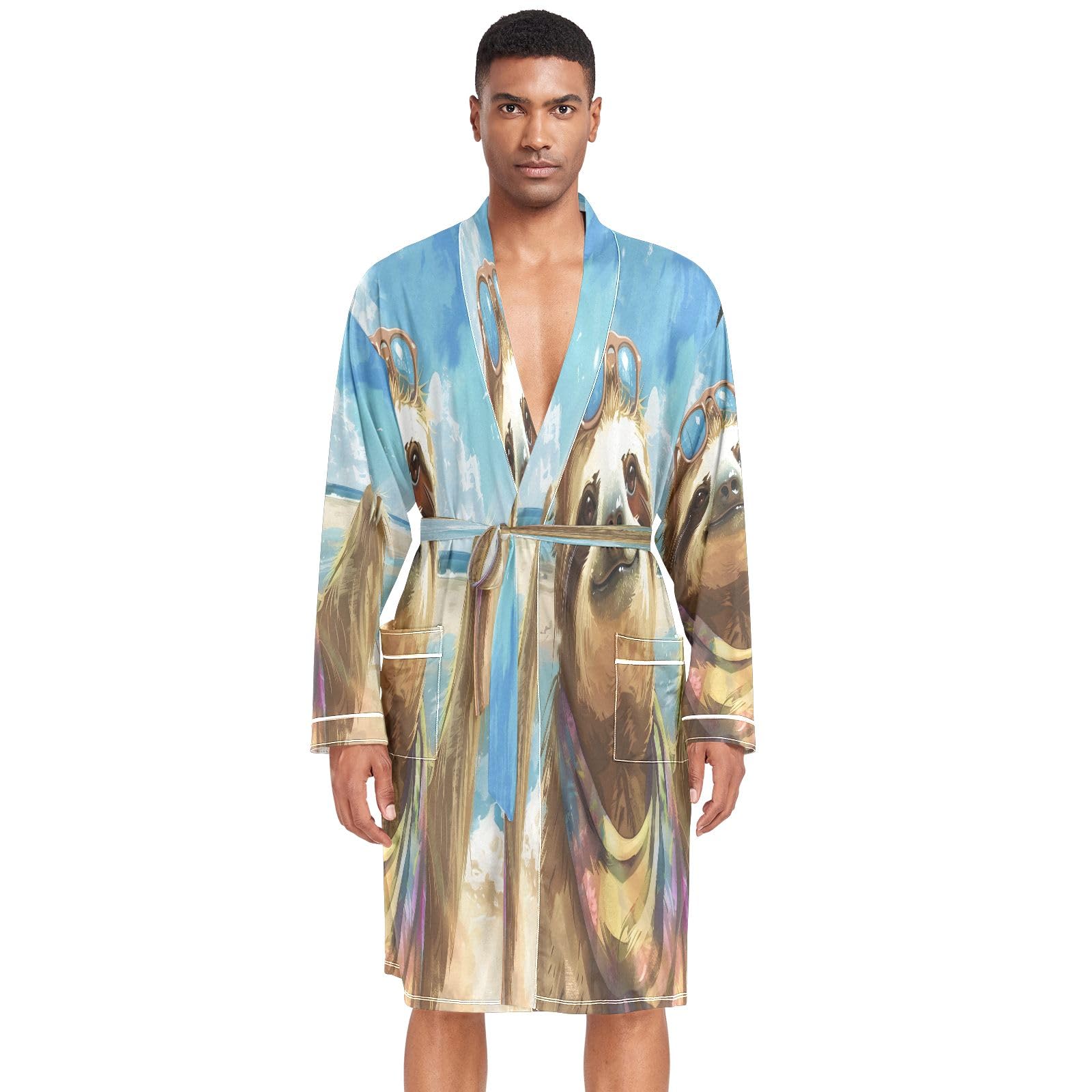 Accappatoio leggero da uomo, con bradipo in stile cartone animato, spiaggia, colori freschi e vivaci