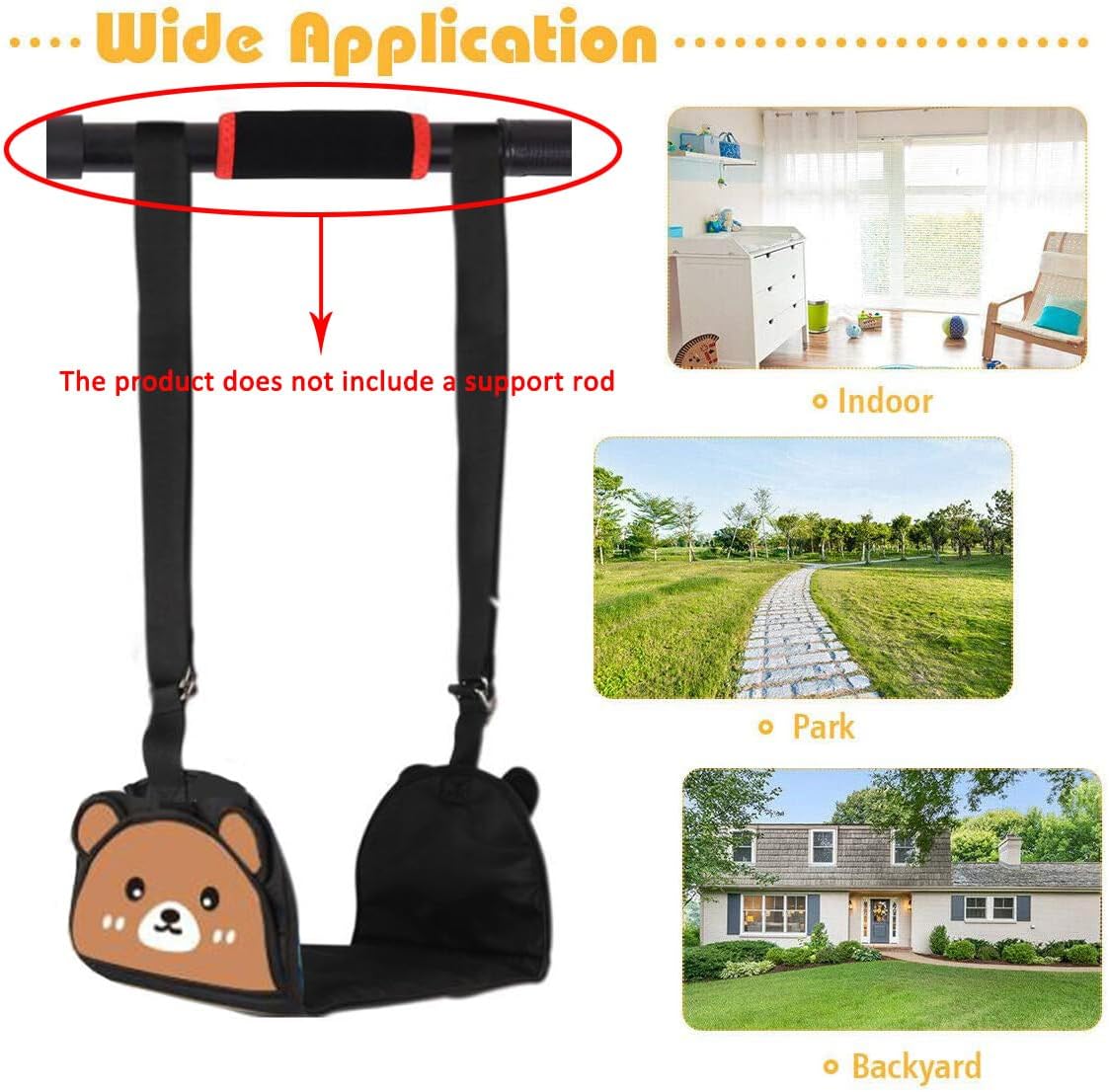Swing Seat and Hanging Rings, Canvas Hanging Swing Seat with Adjustable Ropes, Secure Children Swing Set, Swinging Chair Rope Pullup Rings, Indoor Doorway Gym Set for Kids, 110 lbs Capacity (Bear)