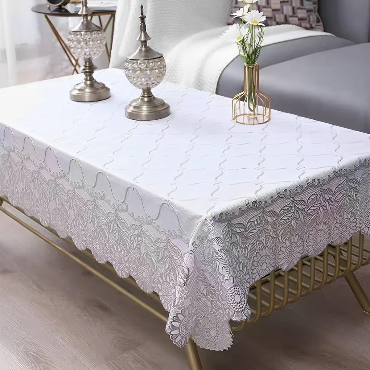 Rectangle Table Cloth/Waterproof PVC Tablecloths/Wipeable Washable Table Cover for Kitchen and Dining Room (White)