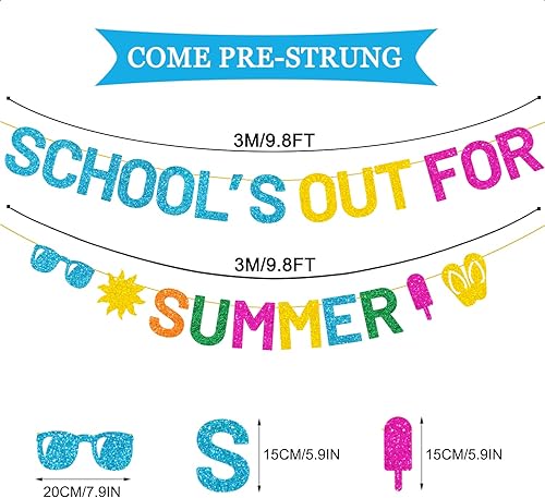 Miniatura 2 de JOZON Cartel colorido y brillante de la escuela para el verano con gafas de sol de paletas de sol, letreros de fin de año escolar, pancarta de