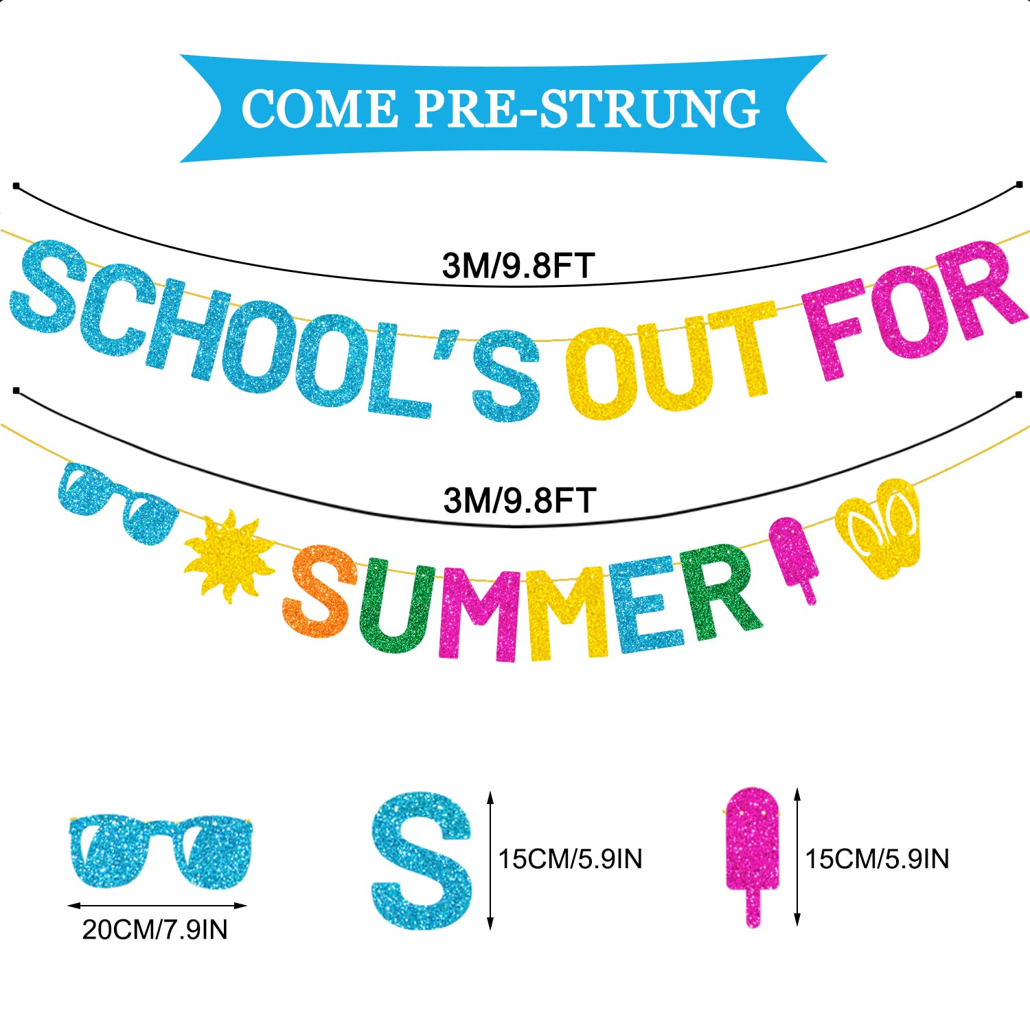 JOZON Colorful Glittery School's Out for Summer Banner with Sunglasses Sun Popsicle Slippers Signs End of School Year Summer Vacation Banner Garland Beach Pool Splash Bash Summer Vacation Decorations