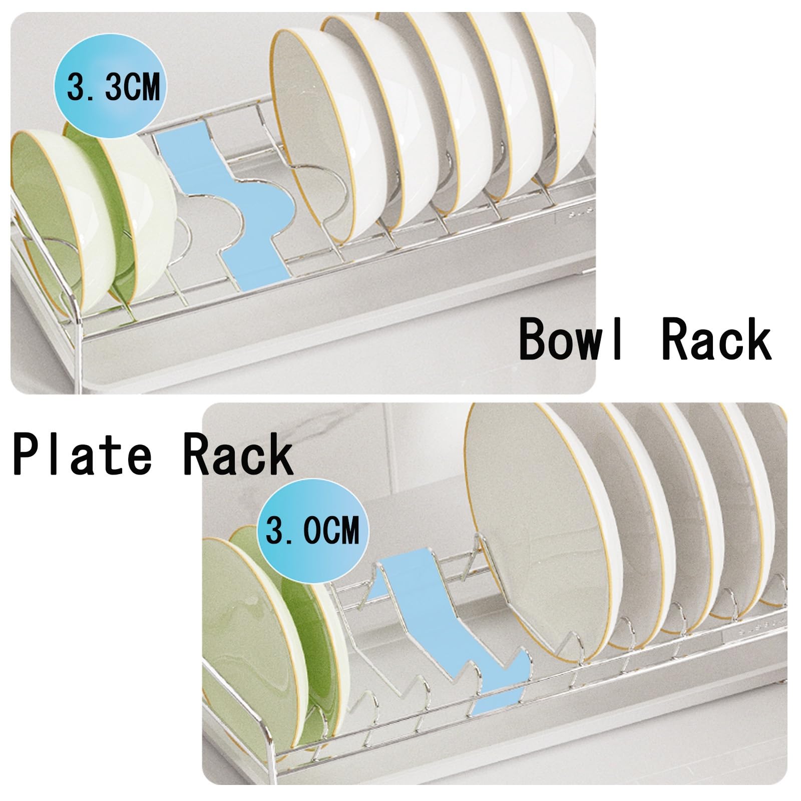 Geschirrhalter für die Küche, Einlagiges Abtropfgestell aus silbernem Edelstahl mit Teller, Schüsselablagen und ausziehbarem Tablett(Bowl Racks)