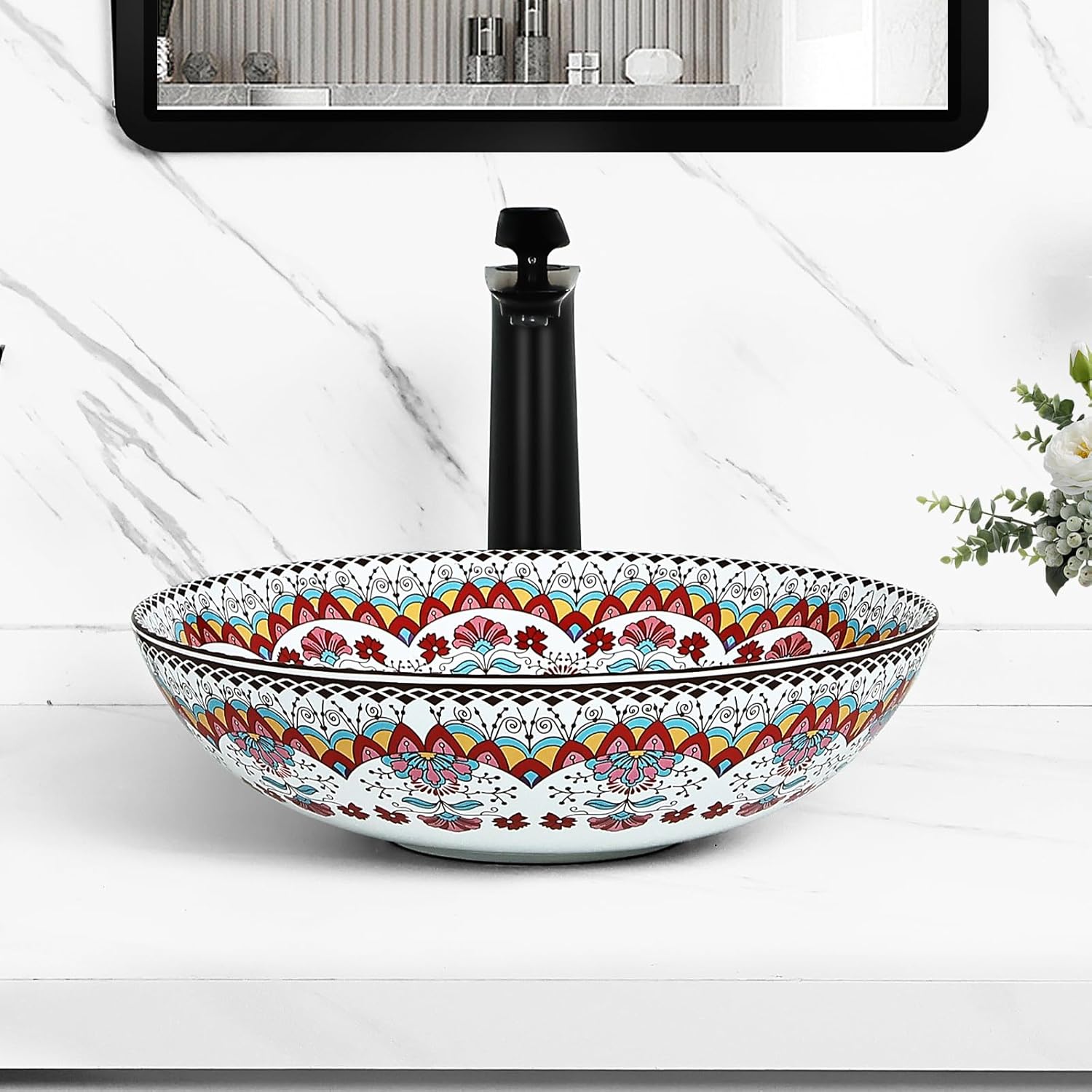 Tysun Vessel Sink Round, 16'' x 16'' Countertop Bathroom Vessel Sink, Above Counter Porcelain Ceramic Vessel Vanity Sink Art Basin with Pop-Up Drain